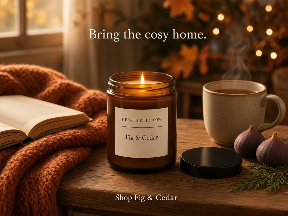 The same candle styled in a warm lifestyle ad scene