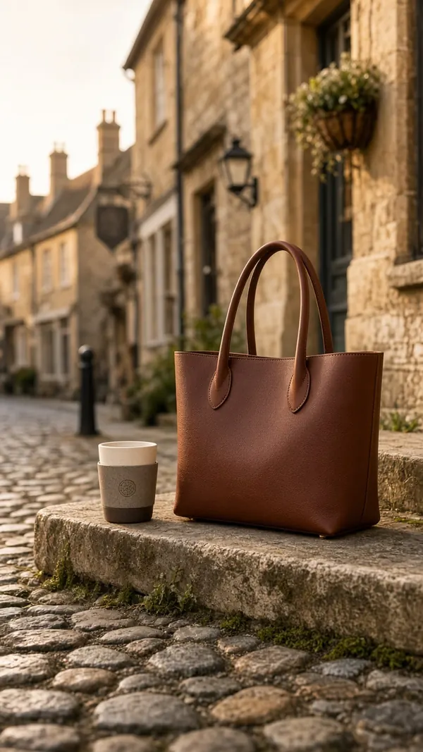 Chestnut leather tote bag on a stone step in a cobbled English market town street