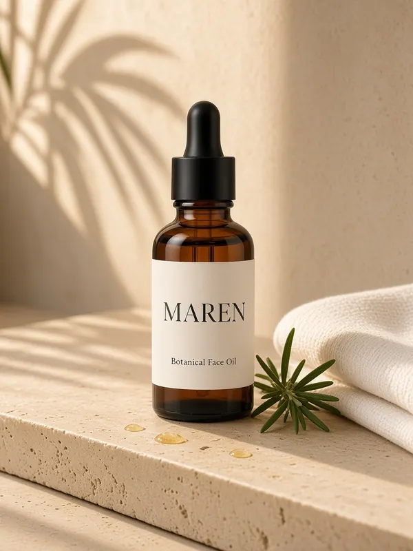 Amber face oil bottle on a travertine ledge with rosemary, a folded towel and palm shadows