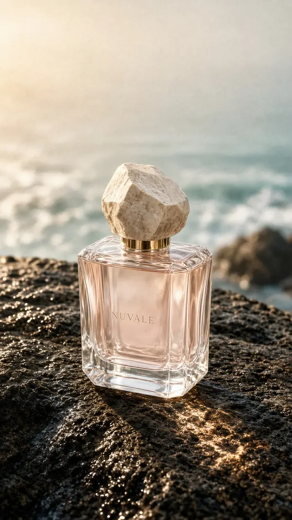 Faceted perfume bottle with a stone cap on a wet coastal rock at golden hour