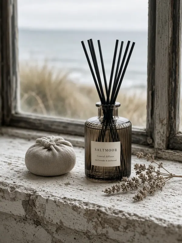 Ribbed glass reed diffuser on a cottage windowsill with sea lavender and a view of the dunes