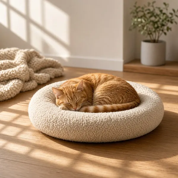 Ginger cat asleep in a round cream boucle bed in low winter sunlight