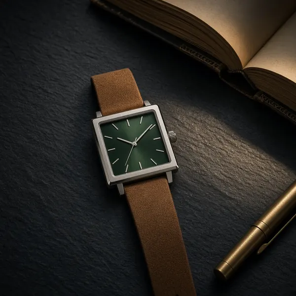 Square steel watch with a green sunburst dial on a suede strap beside a book and pen on slate