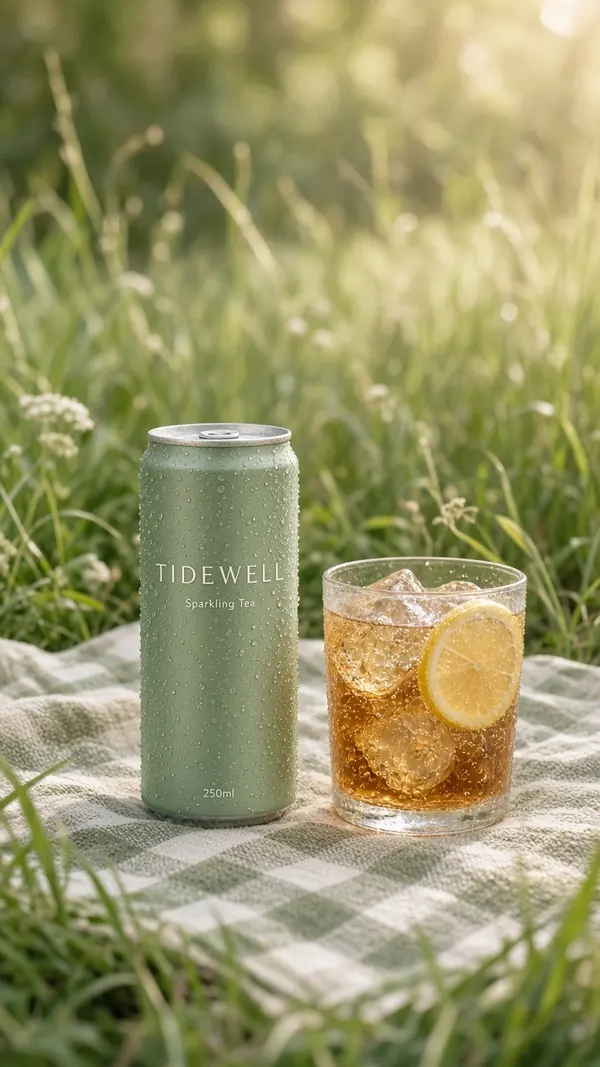 Sage green sparkling tea can with an iced glass on a picnic blanket in summer grass